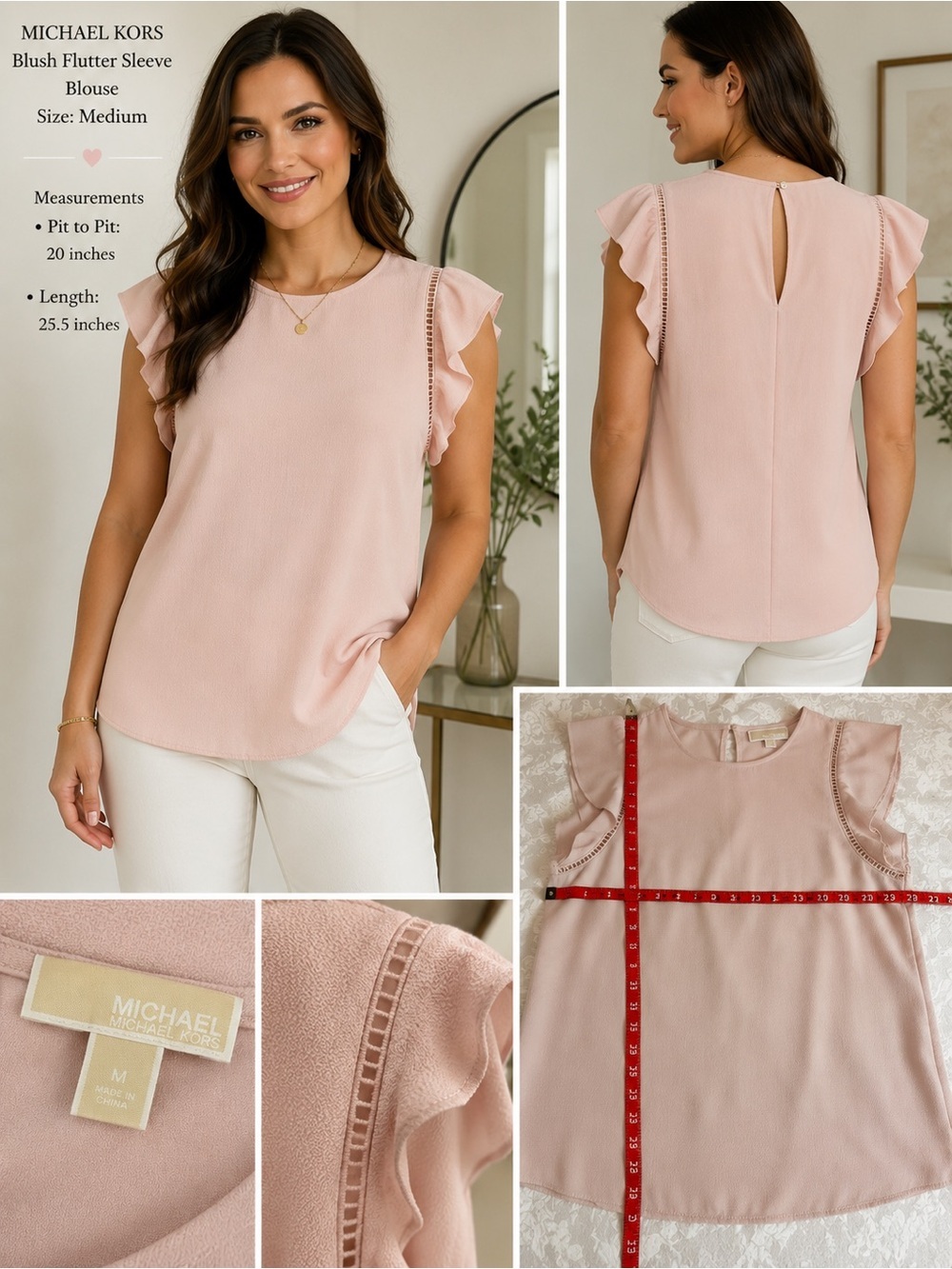 Michael Kors Blush Pink Flutter Sleeve Blouse Medium Ladder Trim Career Top